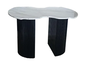 A Cosmie Oval White Ceramic Dining Table featuring a striking design of black and white marble, showcasing elegant patterns and textures.