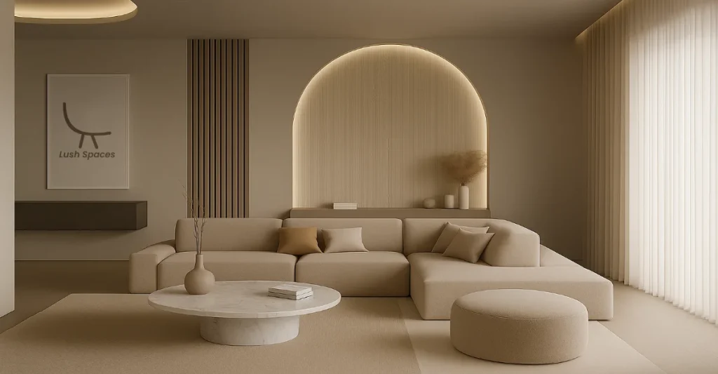 Bright living room with white furniture and a cozy fireplace, showcasing elegant design aligned with current Furniture Trends to Watch in Dubai.