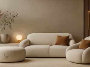 A stylish living room featuring a sofa, chair, and ottoman from Lushspaces UAE, showcasing modern furniture design.