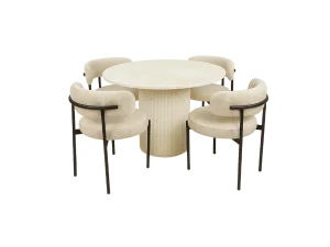 A Marble Dining Table with 4 Chairs, including one prominent white chair.