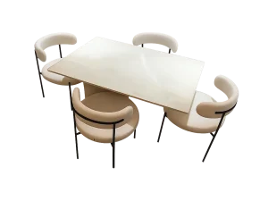 A Marble Dining Table Set with 4 Chairs surrounded by four modern chairs, featuring one distinct white chair among them.