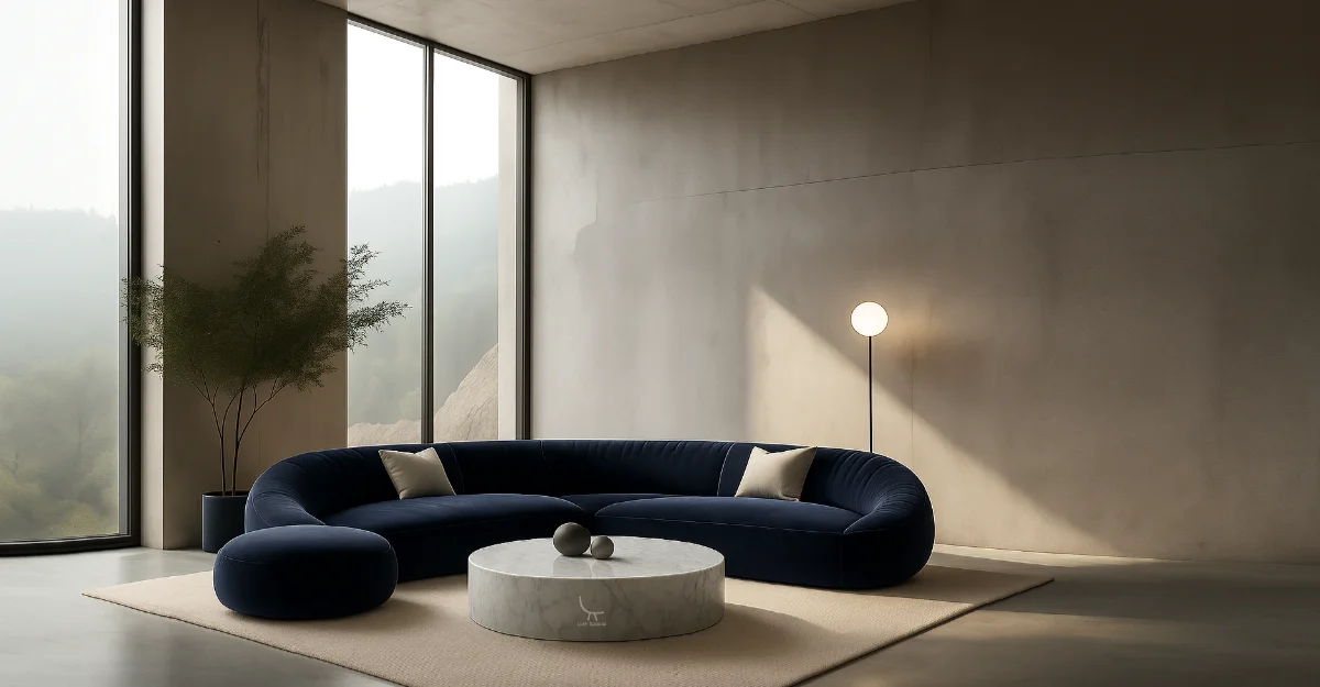 Contemporary living room with marble floors and expansive windows, highlighting the rise of smart furniture in modern home design.