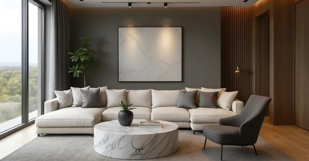 Modern living room featuring marble flooring, large windows, and smart furniture, highlighting the rise of smart furniture in stylish home design.