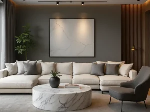 Modern living room featuring marble flooring, large windows, and smart furniture, highlighting the rise of smart furniture in stylish home design.