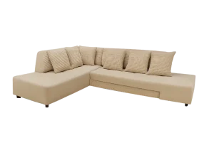 Sectional sofa with pillows and cushions, model Sofa Cum Bed Lscb009, arranged in a cozy living room setting.