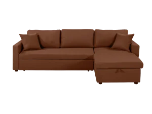 L-shaped brown fabric sectional sofa cum bed with cushions and storage space.
