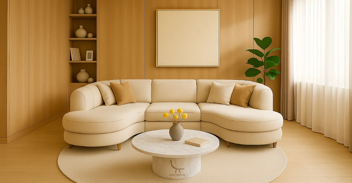A stylish living room with a round table and a couch, highlighting eco-friendly Sustainable Furniture UAE.