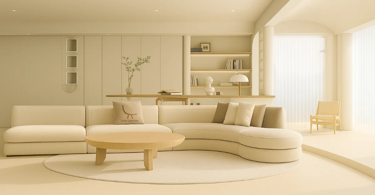 A cozy living room featuring a round table and a couch, showcasing sustainable furniture from UAE.