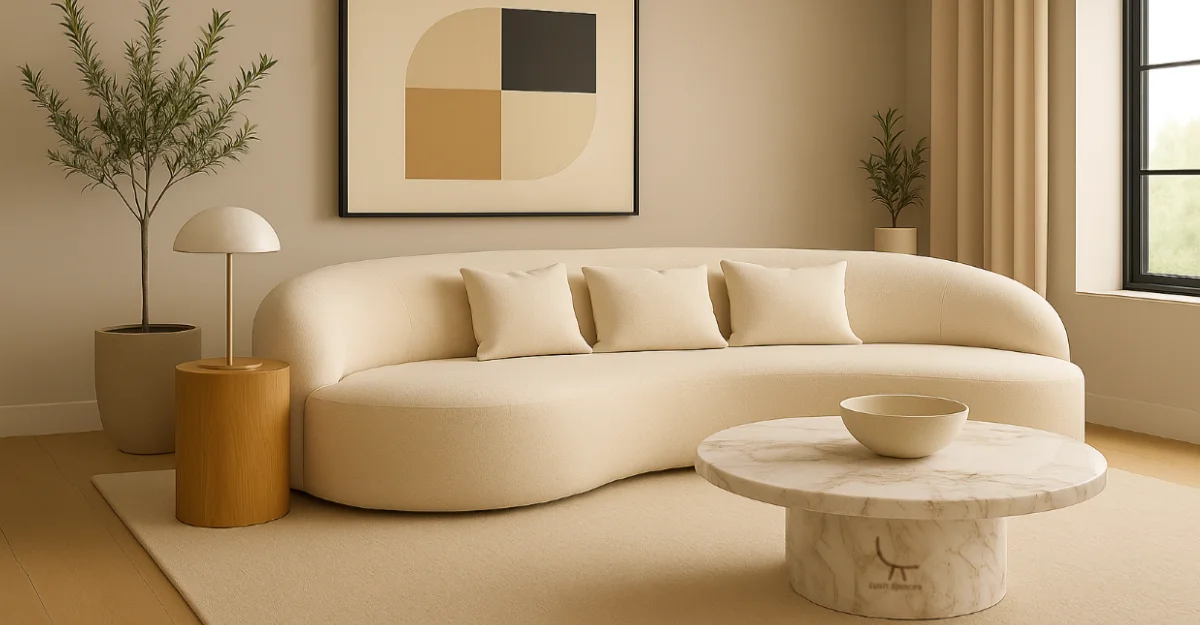 A modern living room with a round table and a couch, emphasizing sustainable furniture UAE design.