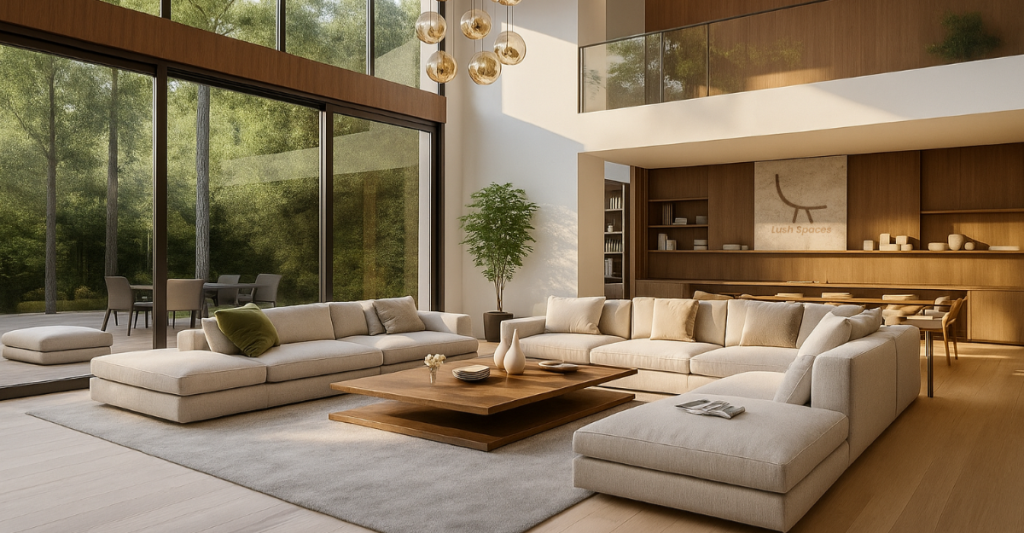 Modern living room featuring large windows, wood floors, and a mix of vintage vs. contemporary furniture styles.