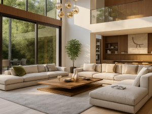 Modern living room featuring large windows, wood floors, and a mix of vintage vs. contemporary furniture styles.