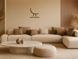 A modern living room in the UAE featuring a stylish sofa, coffee table, and decorative rug, showcasing modern furniture design.