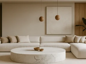 A contemporary living room with a sleek sofa, minimalist coffee table, and cozy rug, reflecting modern furniture aesthetics in the UAE.