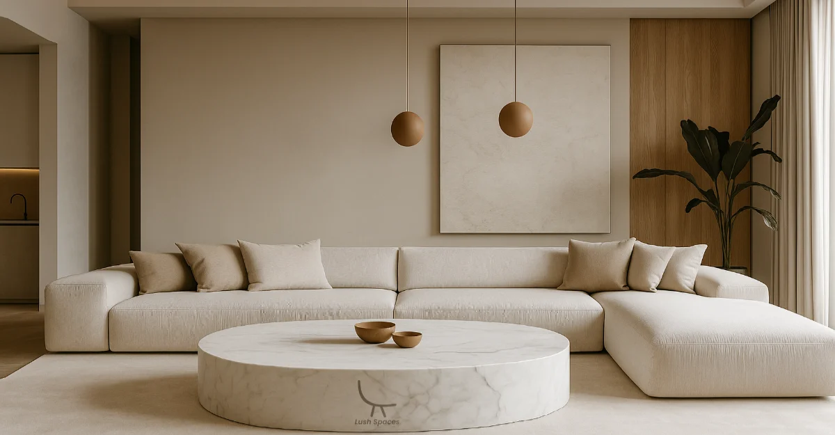 A contemporary living room with a sleek sofa, a minimalist coffee table, and a cozy rug, reflecting modern furniture aesthetics.