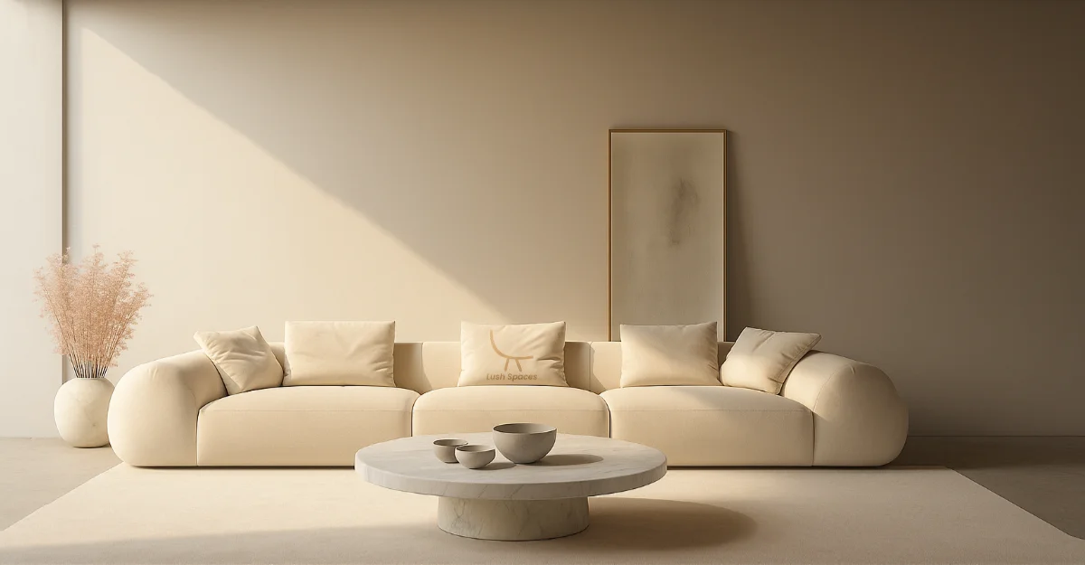 A modern furniture piece in UAE – white couch in a stylish room featuring a large decorative mirror.