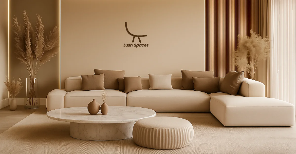 A modern living room in the UAE featuring a stylish sofa, coffee table, and decorative rug, showcasing modern furniture design.