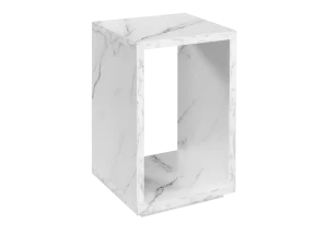 A white faux marble end table cube positioned against a solid black background, highlighting its texture and form.