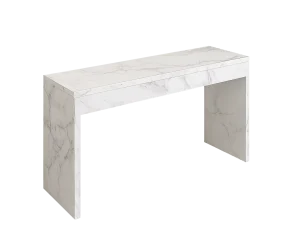 A modern white console table against a blue wall, showcasing a modern and elegant interior design.