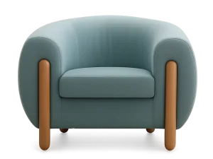 A Rita XL Accent Chair blue couch with wooden legs displayed against a black background.