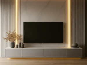 A TV Unit with LED Light modern living room featuring a sleek wall-mounted light illuminating the space.