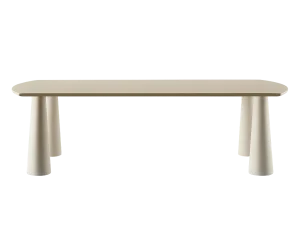 A natural stone dining table long rectangular table with a white base, set against a neutral background.