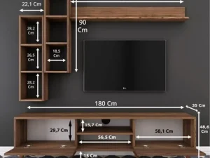 Wooden TV Unit displayed with detailed measurements for dimensions and specifications.