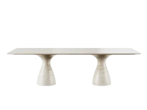 Travertine Dining Table with dual pedestal legs in a modern minimalist setting.