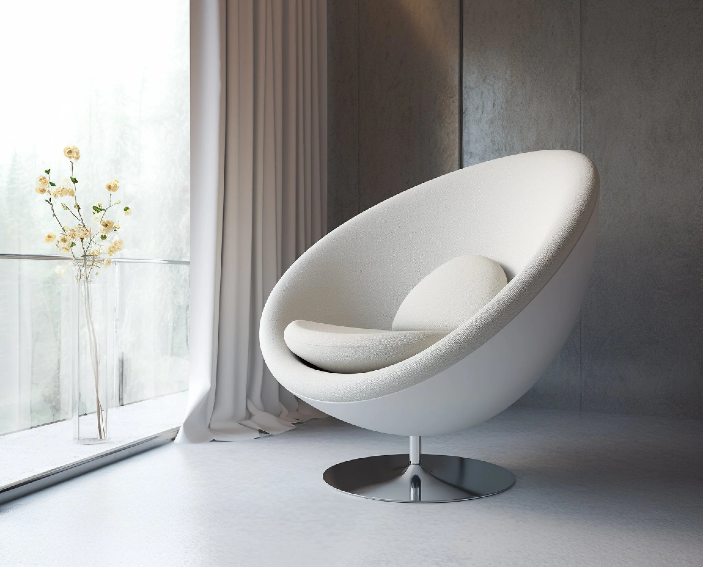 A white chair positioned in front of a large window, allowing natural light to illuminate the space.