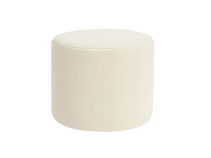 A Mimi Pouf in Boucle white ottoman featuring a round base, designed for comfort and style in modern interiors.