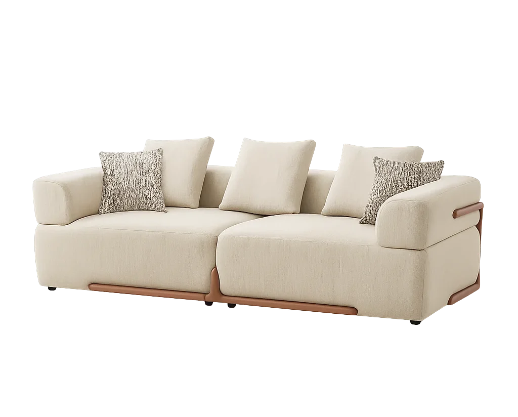 A stylish modern sofa featuring two plush pillows, emphasizing comfort and contemporary aesthetics.