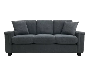 A Rudhi 3-Seater Fabric Sofa couch adorned with decorative pillows, showcasing a modern and inviting living space.