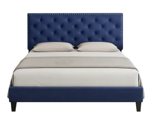 A Modern Queen Size Bed featuring a blue upholstered headboard and footboard, showcasing a modern and stylish design.