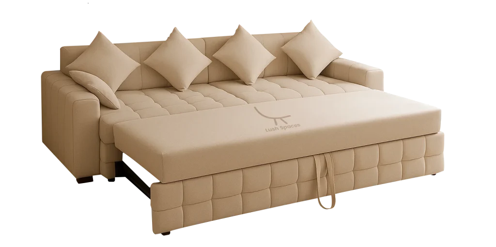This inviting setup features a white couch adorned with comfortable pillows, thoughtfully placed beside a neatly made bed. Ideal for studio apartments or small living areas, the arrangement blends relaxation with functionality. The soft textures and neutral tones create a calming environment, making it perfect for modern, cozy interior settings that prioritize both comfort and design.