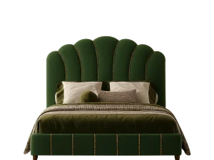 Green Upholstered King Bed with velvet headboard and matching green pillows, adding a vibrant and elegant touch to the bedroom decor.