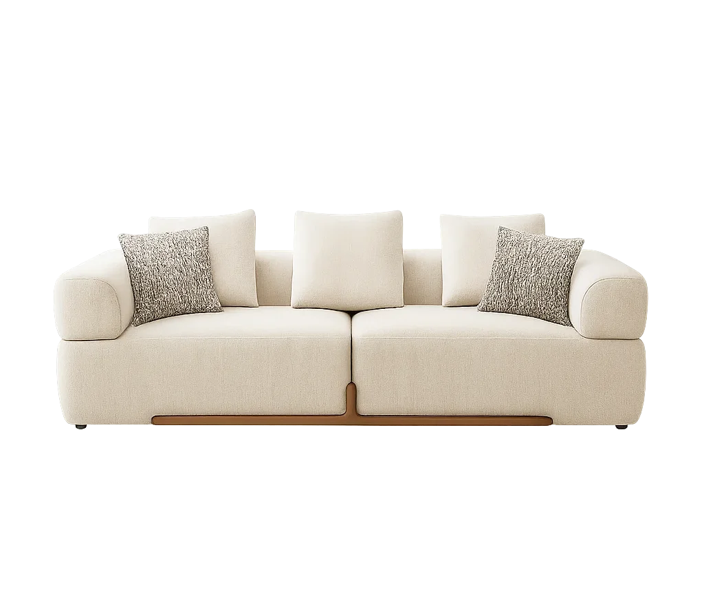 A modern sofa adorned with two decorative pillows, showcasing a sleek and contemporary design.