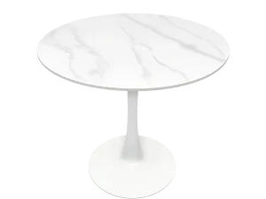 A white marble round dining table featuring a sleek white base, elegantly designed for modern interiors.