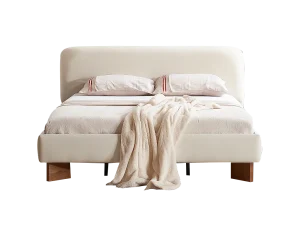 Ren 150x200 Queen Fabric Bed featuring a white coverlet draped over the mattress.