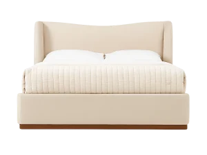 A plinth shelter bed featuring a white cover and a sturdy wooden base, arranged neatly in a well-lit room.