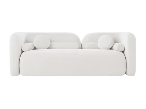 A white couch adorned with two decorative pillows, showcasing a clean and modern aesthetic.