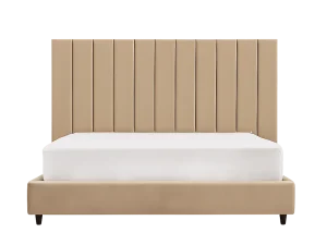 A neatly made Crum Beige King Bed featuring a crisp white sheet draped over the mattress.