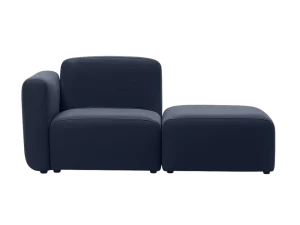 A blue sofa featuring a sleek black armrest, showcasing a modern and stylish design.