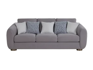 A hestia 3-seater fabric sofa couch adorned with decorative pillows, creating a cozy and inviting living space.