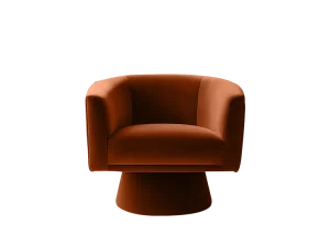 Modern Tavares swivel armchair with a vibrant orange velvet seat, designed for comfort and style in any lounge setting.