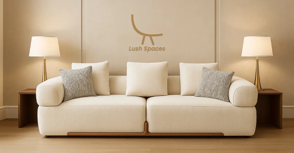 A white Oslo sofa 3-seater fabric sofa in a room with a lamp and a table, creating a cozy living space.