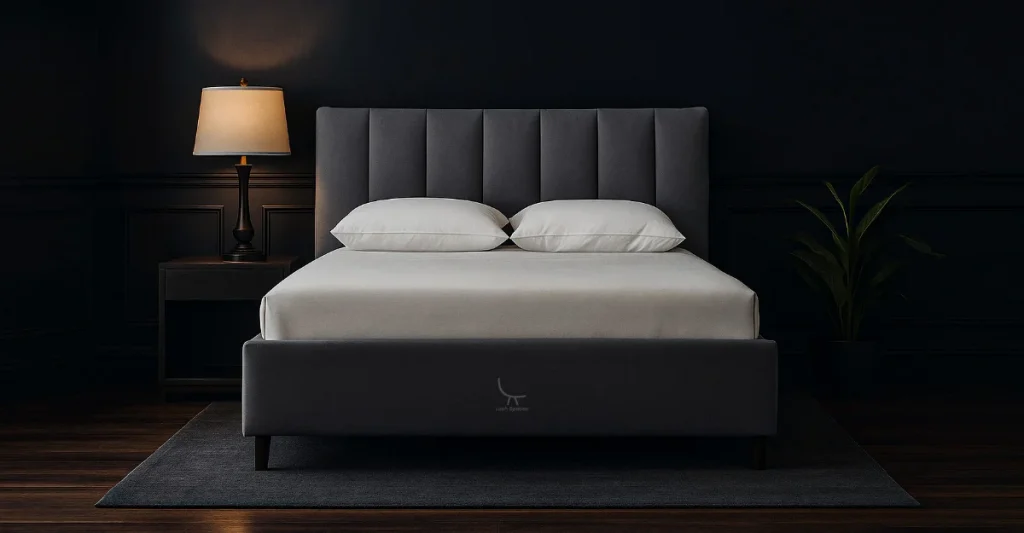 Serenity Springs Upholstered King Size Bed with white headboard and neatly arranged pillows, perfect for a calming bedroom vibe.