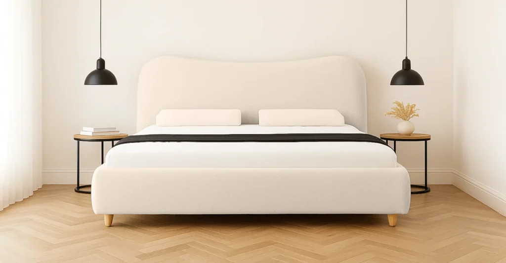 A white the ashley bed with a black headboard flanked by two bedside lamps, creating a cozy and modern bedroom setting.