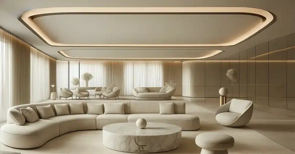 A modern living room featuring sleek white furniture, showcasing the best home decor in Dubai.