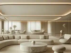 A modern living room featuring sleek white furniture, showcasing the best home decor in Dubai.