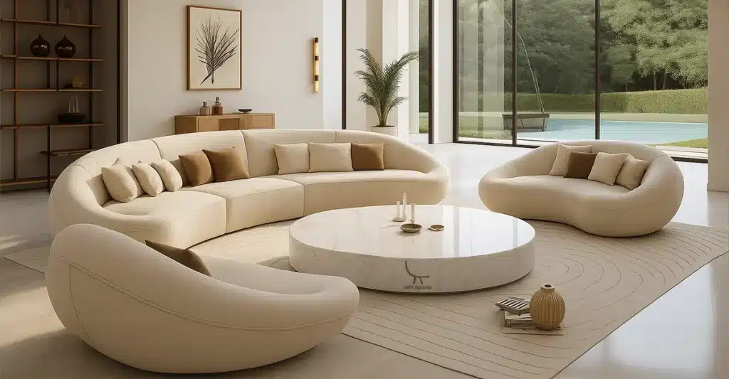 Contemporary living room with elegant white furniture, representing top home decor trends in Dubai.