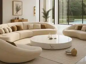 Contemporary living room with elegant white furniture, representing top home decor trends in Dubai.